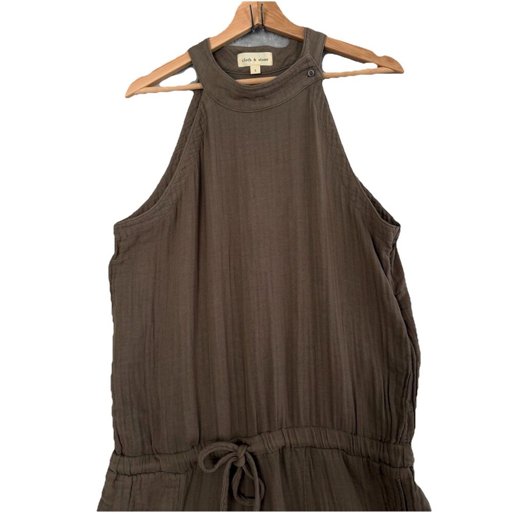 Cloth & Stone Jumpsuit Womens Large Taupe Gauzy Cotton High Neck Pockets